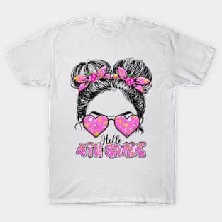 Kids Hello Fourth Grade Messy Bun Girls 4th Grade Back To School T-Shirt